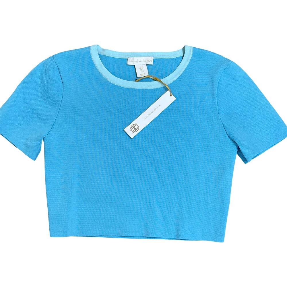 House of Harlow 1960 Crop Knit Top Women S Blue Short Sleeve Crew Neck NEW